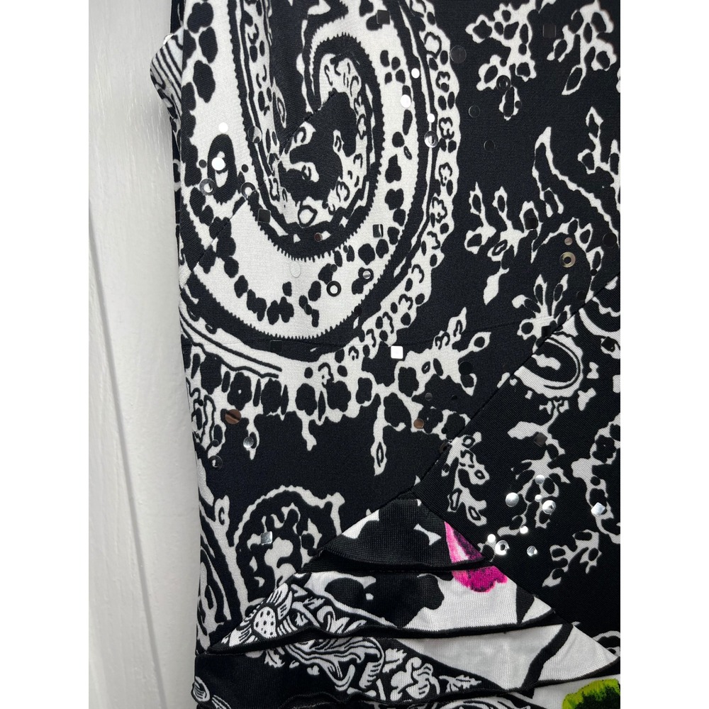 Joseph Ribkoff 12 Black White Pink Green Paisley Floral Sequin Sleeveless Dress - Picture 9 of 10